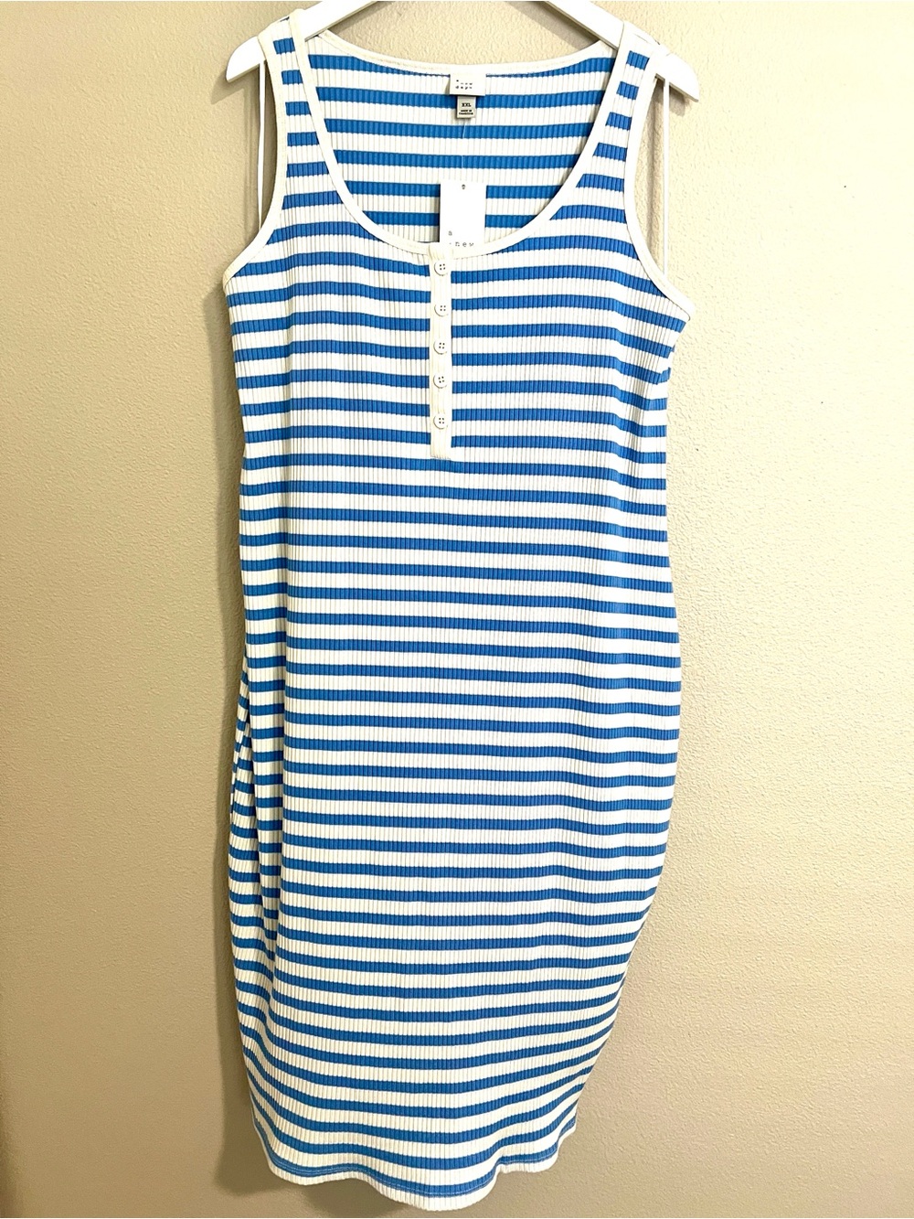 NWT -a new day Sleeveless Henley Ribbed Tank Dress - Blue & White Stripes